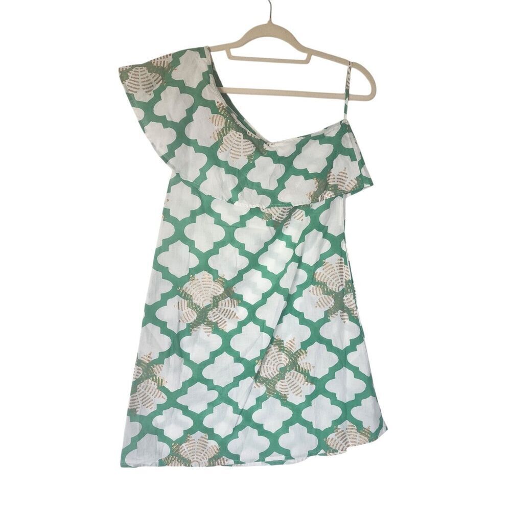 Oliphant Mini Dress Women's XS White Green One Shoulder Geometric Pattern Cotton